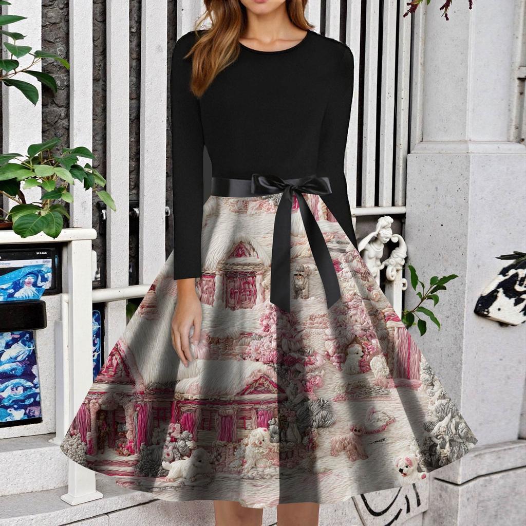 Dame Mote Rund Hals Slim-Fit Juleprint Langermet Kjole