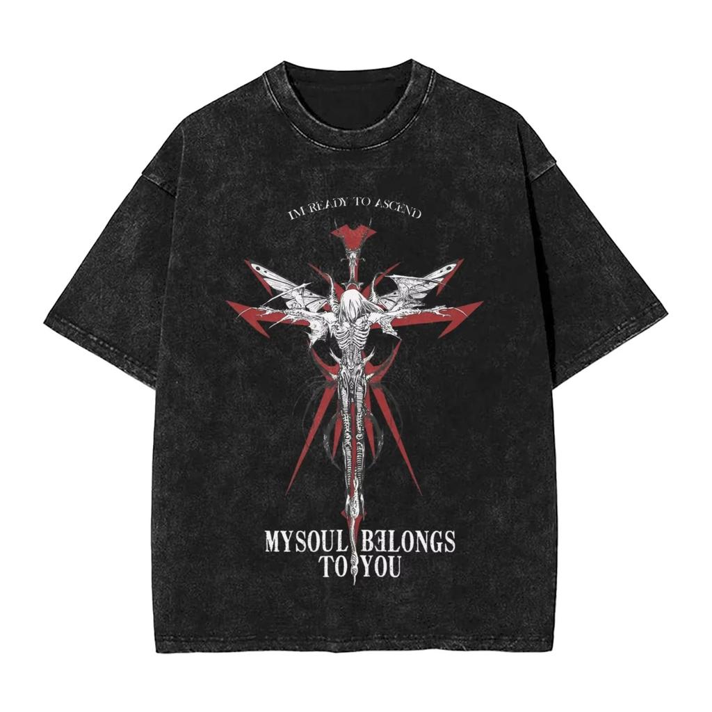Oversized Acid-Wash Vintage Short-Sleeve T-Shirt Featuring Bring Me the Horizon Dark Gothic Siren Graphic Print