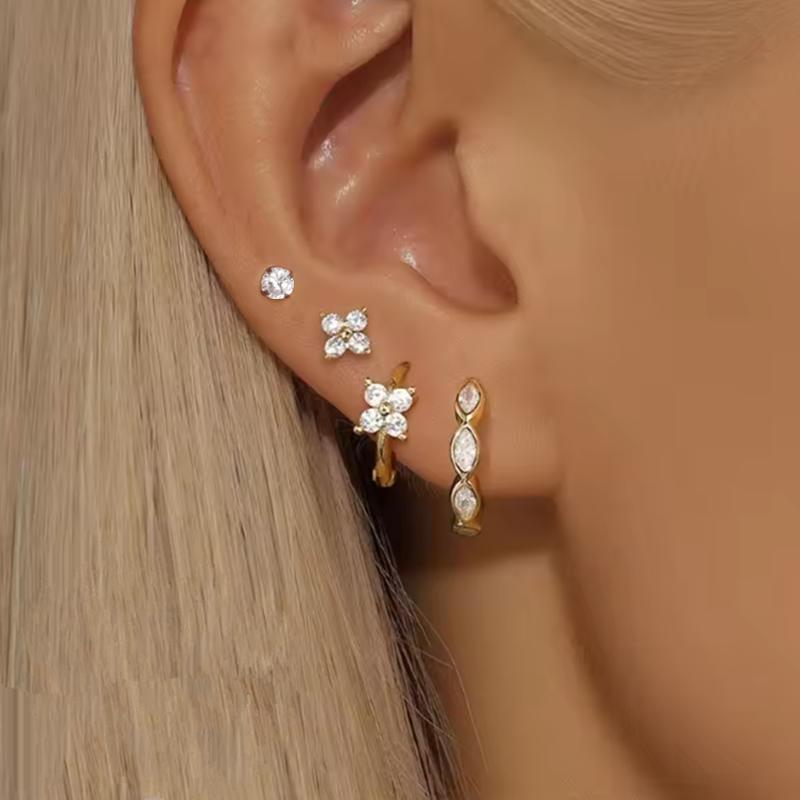 4PCS Zircon Heart Moon Flower Small Hoop Earrings Set For Women Stainless Steel Huggies Pendant Piercing Earrings Jewelry Aretes
