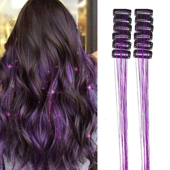 12 Stück Clip-in Metallic Extensions Tiefes Lila Glitzer Leicht 20 Zoll Lang Perücke Einfach Anzubringen Haarverlängerungen