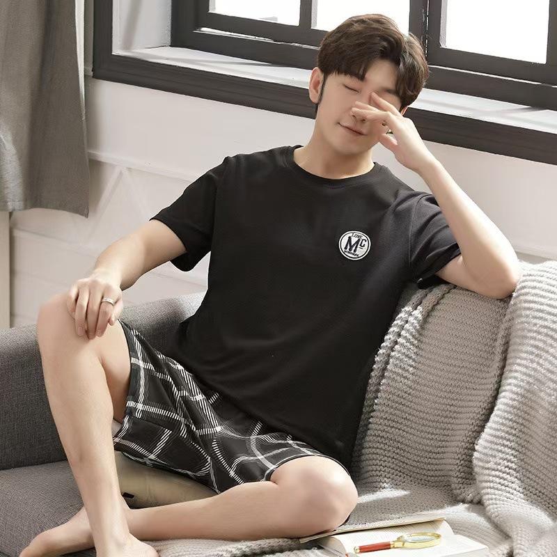Men's Summer Pajamas Homewear Set of Short-Sleeved Shorts Teenage Students Cartoon Striped Summer Casual Pajamas Homewear Set