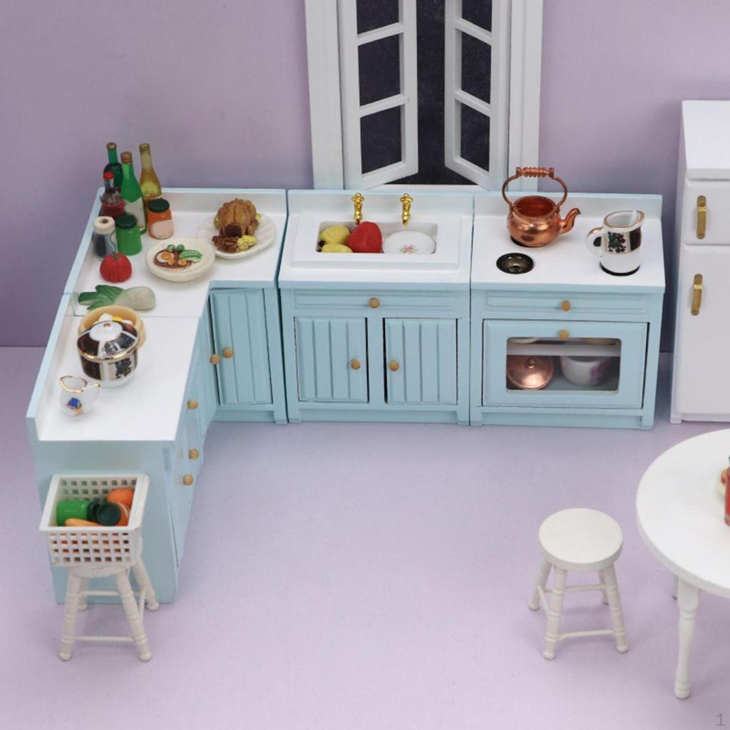 1/12 Doll House Mini Furniture Kitchen Set Playset Cabinet Cooking Table Sink Counter Fridge