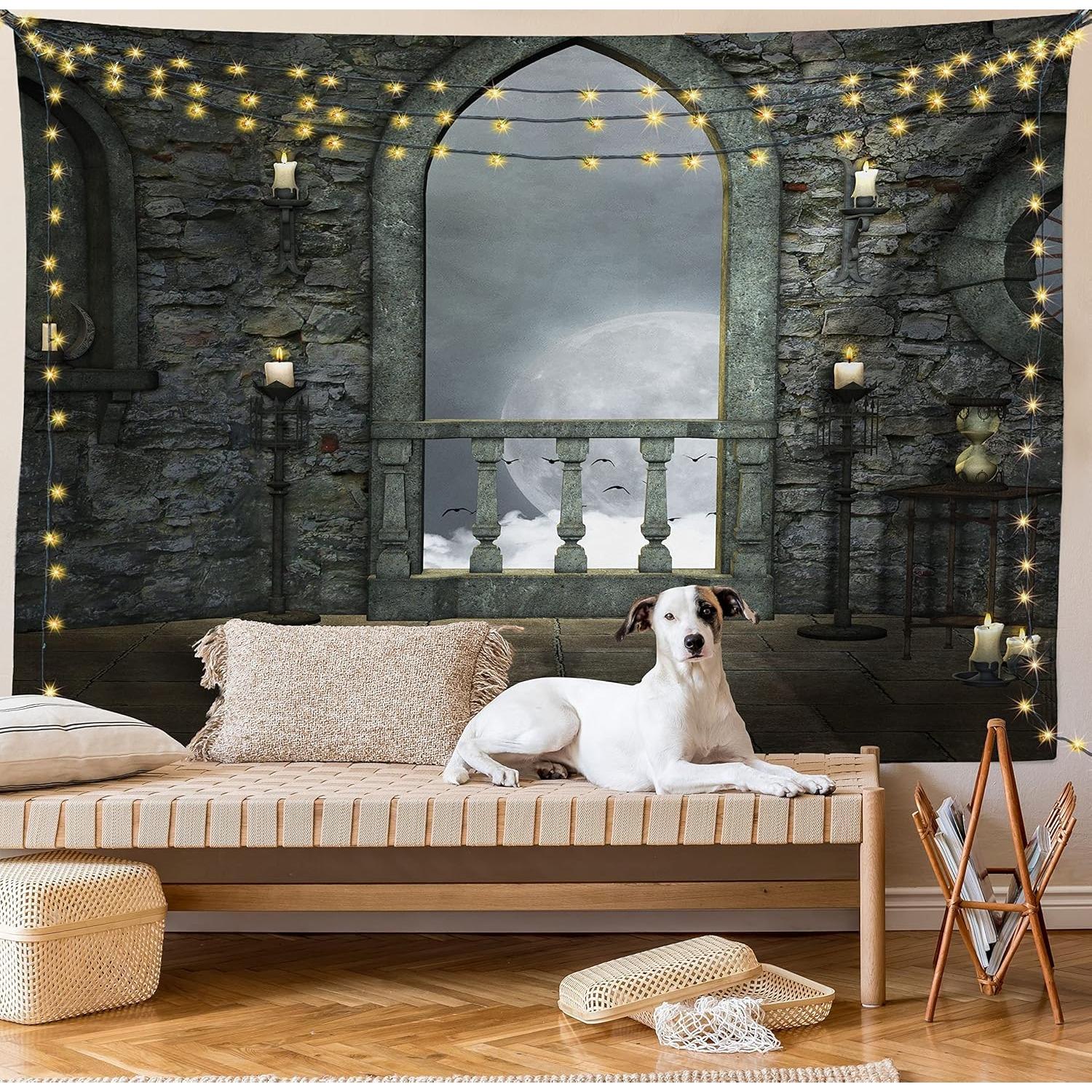 

Gothic Tapestry Full Moon Birds Fantasy Old Castle Balcony Burning Candle Night View Art Wide Wall Hanging for Bedroom Living 74x94cm(29x37in)