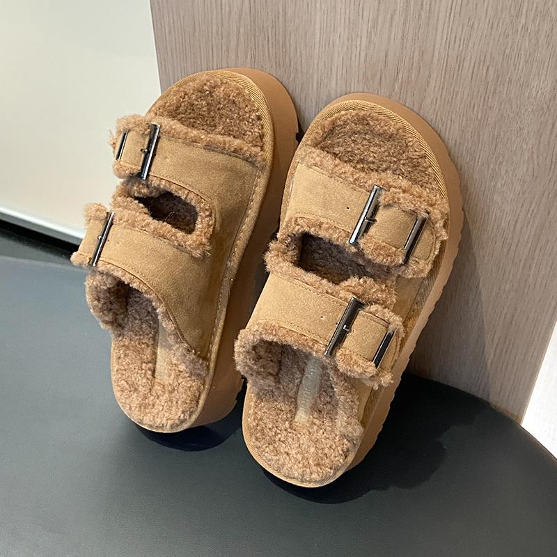

Fashion 2025 Autumn New Plush Women s Slippers, Thick-soled Fashionable Indoor Warm Open-toe Fur Shoes, Comfortable Women s Slippers 40 коричневый
