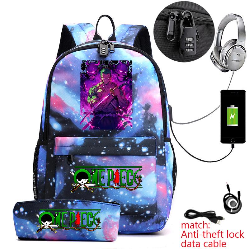 One Piece Zoro Print Anti Theft School Backpack Student Bookbag with Pen Case for Kids Teens