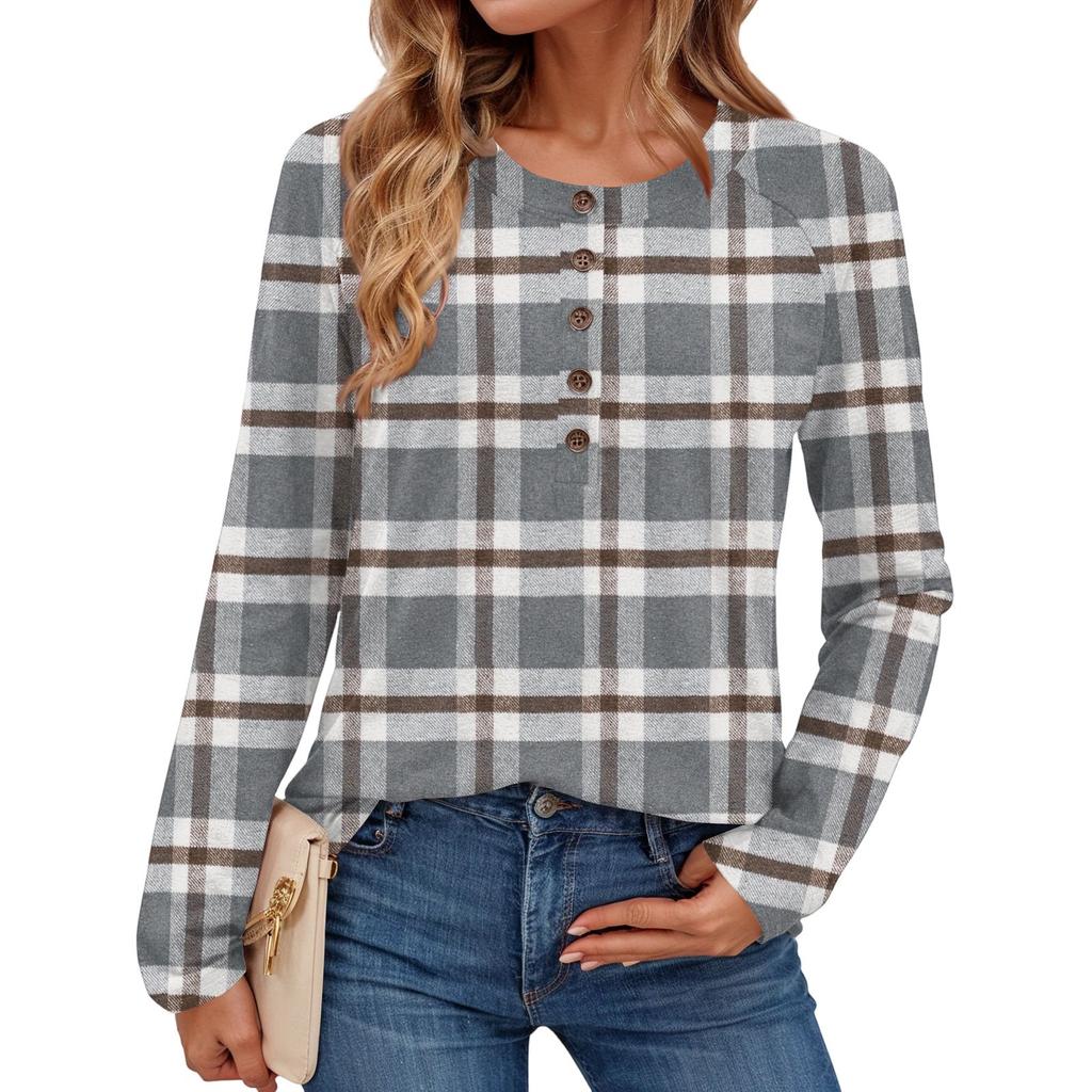 Women's Fashionable Plaid Print Round Neck Long-sleeved Top