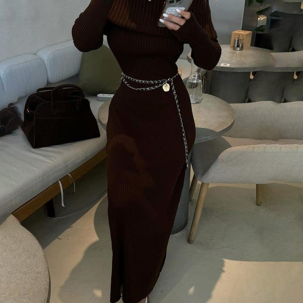 Off Shoulder Casual Dress Knitwear Maxi Dress Female Slim Elegant Fashion Autumn 2025 Ribbed Knit Dress For Women Long Dress