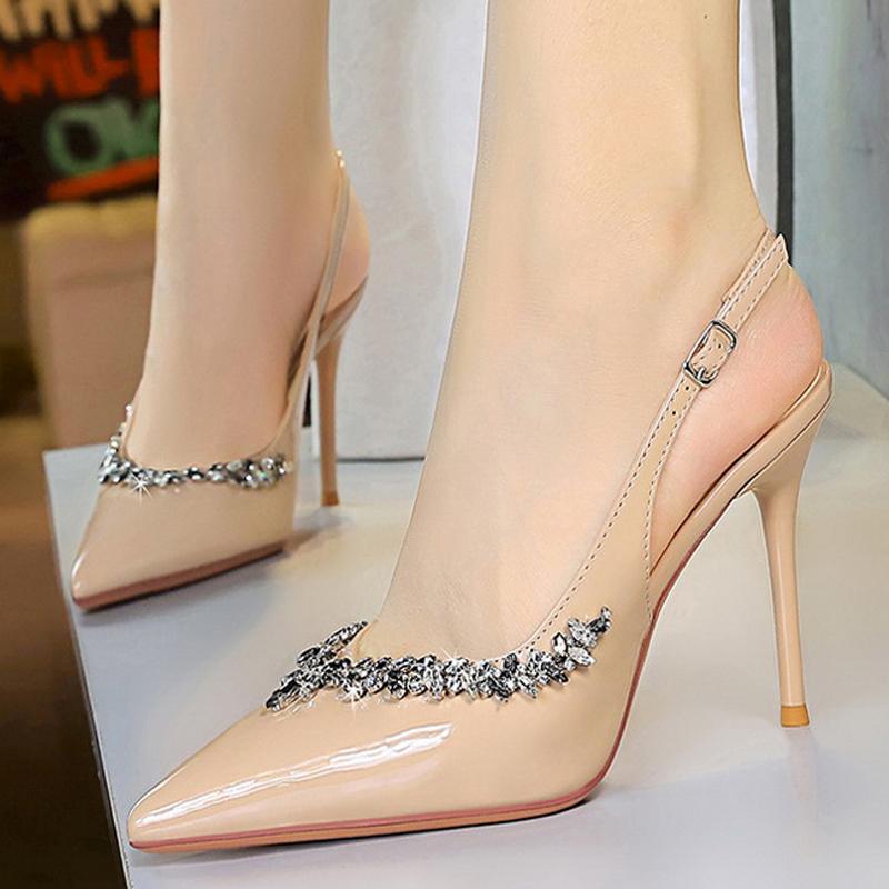 Sexy High Heels Rhinestone Women Pumps Patent Leather Ladies Shoes Stilettos Heels 10 Cm Rear Strap Women's Sandals Summer Shoes