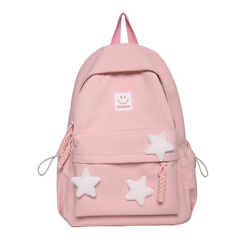 Cute Pink Backpack for Girls Fashionable Star Decorated School Bag with Plush Charm Ideal for Daily Use and School Cute Style Ba