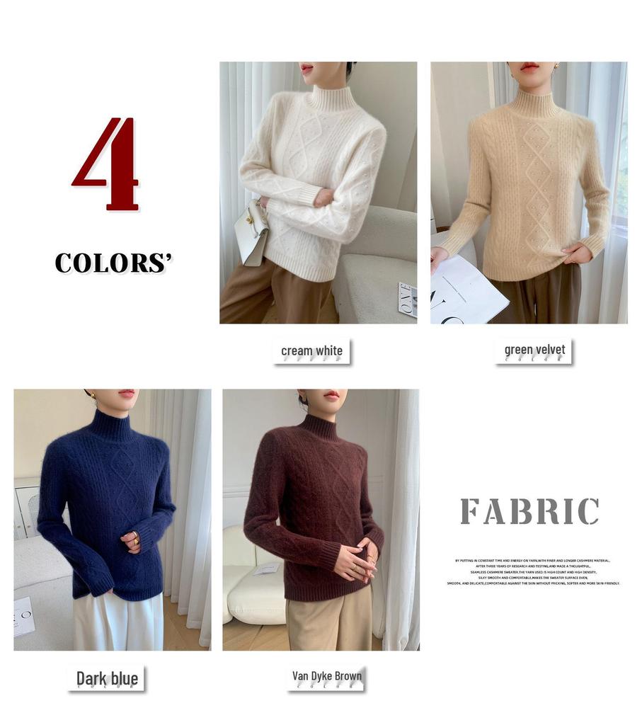 2025 Autumn/Winter Women's High Neck Cashmere Diamond Cable Knit Sweater - Thick and Loose Knit Pullover