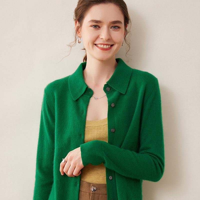 Elegant Women's Cashmere Knit Polo Collar Cardigan - Long Sleeve, Loose Fit, Versatile and Warm.