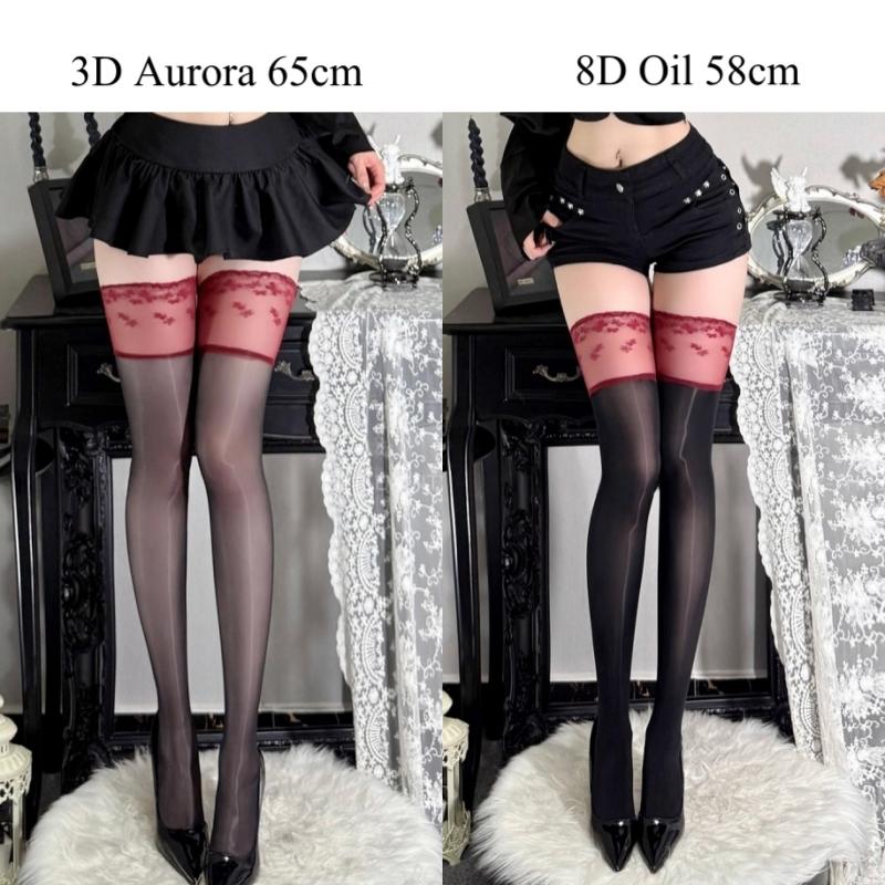 Женские Сексуальные Масляные Блестящие Шелковистые на Ощупь Чулки до Бедра Антискользящие Кружевные Пэчворк Для Вечеринки Клуба Ультратонкие Прозрачные Medias 8D Oil