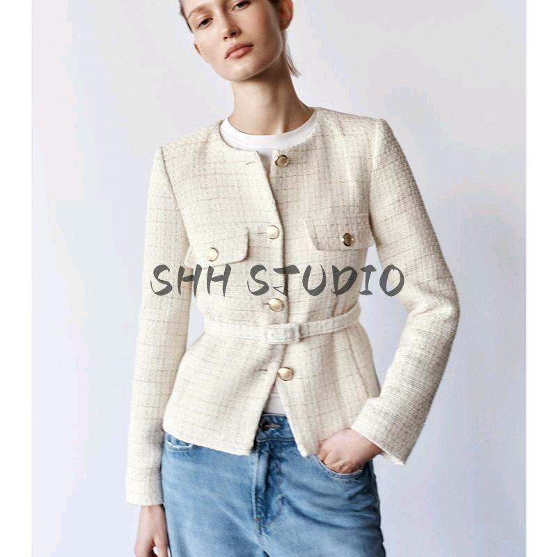Spring New Women's Wear with Shoulder Pad Round Neck Long Sleeve Lace Belt Texture Blazer Outerwear 2409113