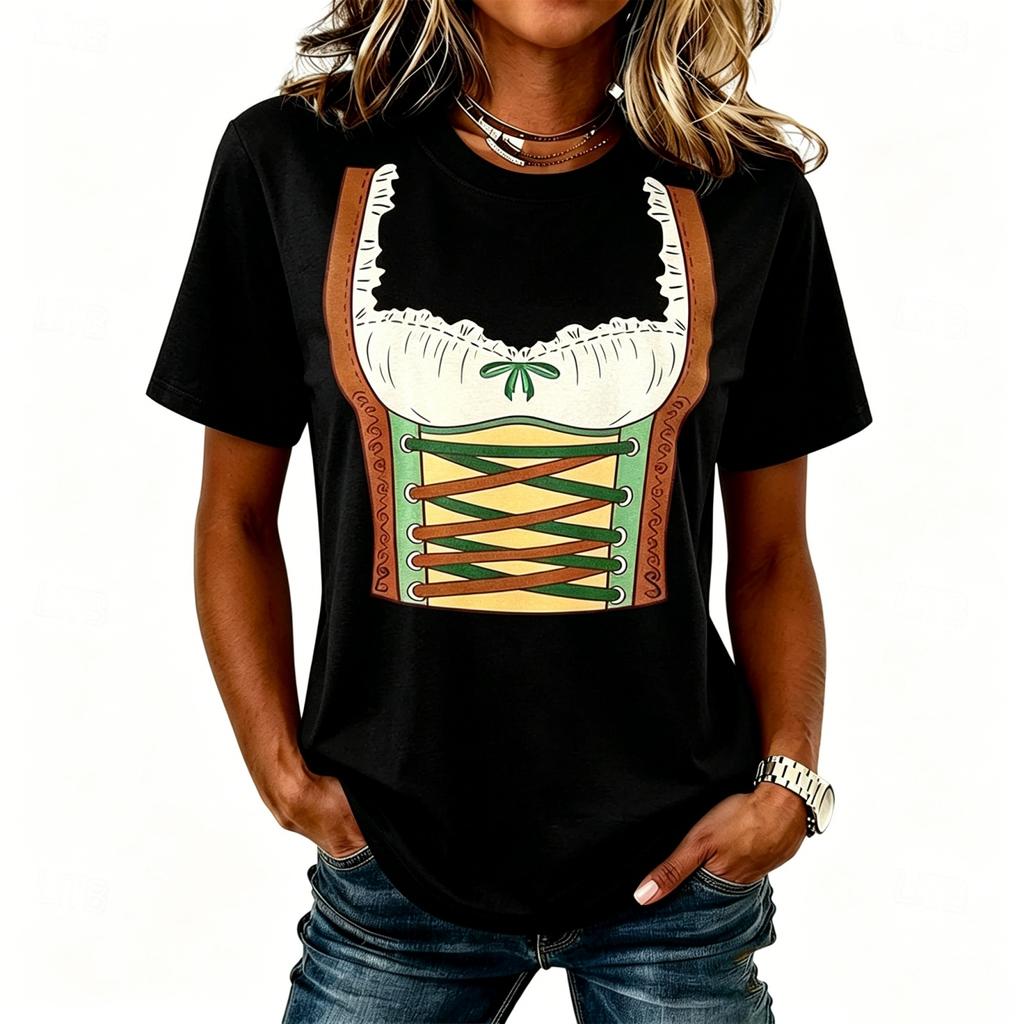 Women’s Casual Round Neck Short Sleeve Pullover T-Shirt with Festival Graphic Print Relaxed Fit Comfortable Style Top