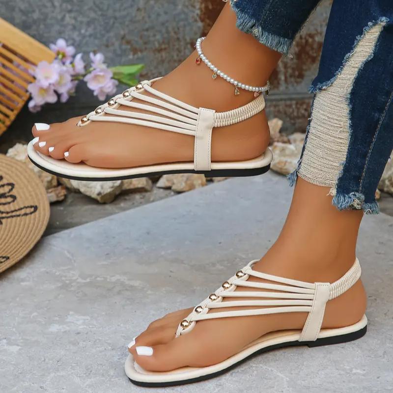 Ladies' Bohemian Style Adjustable Ankle Strap Flat Sandals, White Summer Beach Party Casual Outdoor and Vacation Shoes