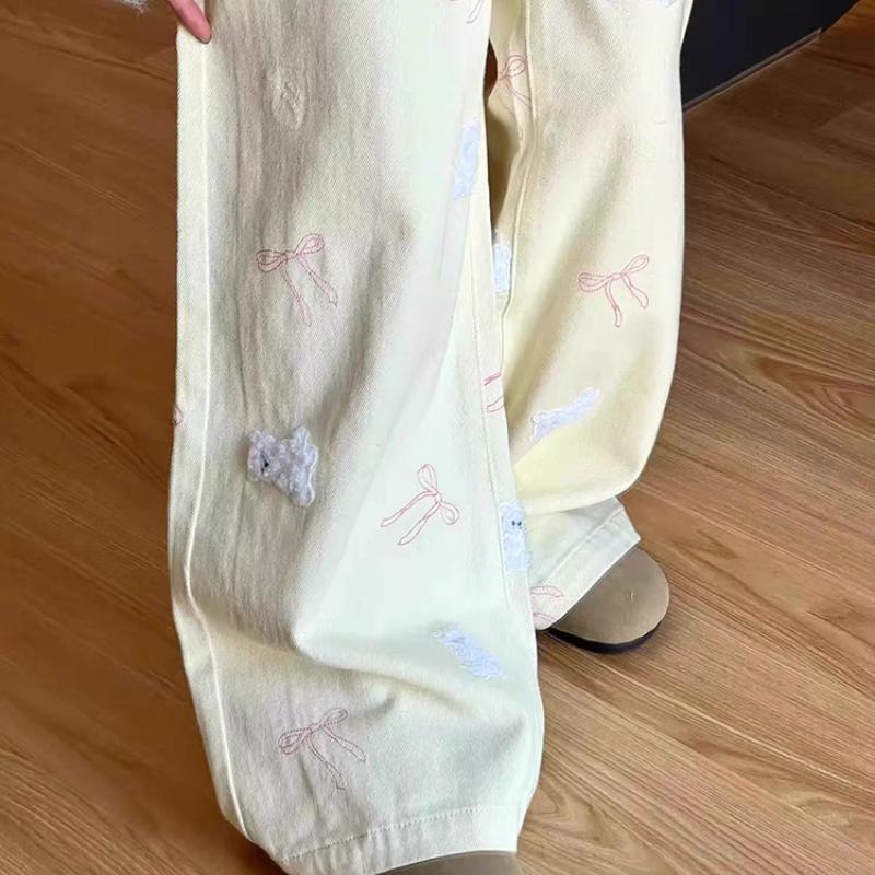 Damenjeans mit Bärenstickerei im amerikanischen Stil - Frühling/Sommer Hochtailliertes, schlankmachendes Design Gerades Bein Lange Hose