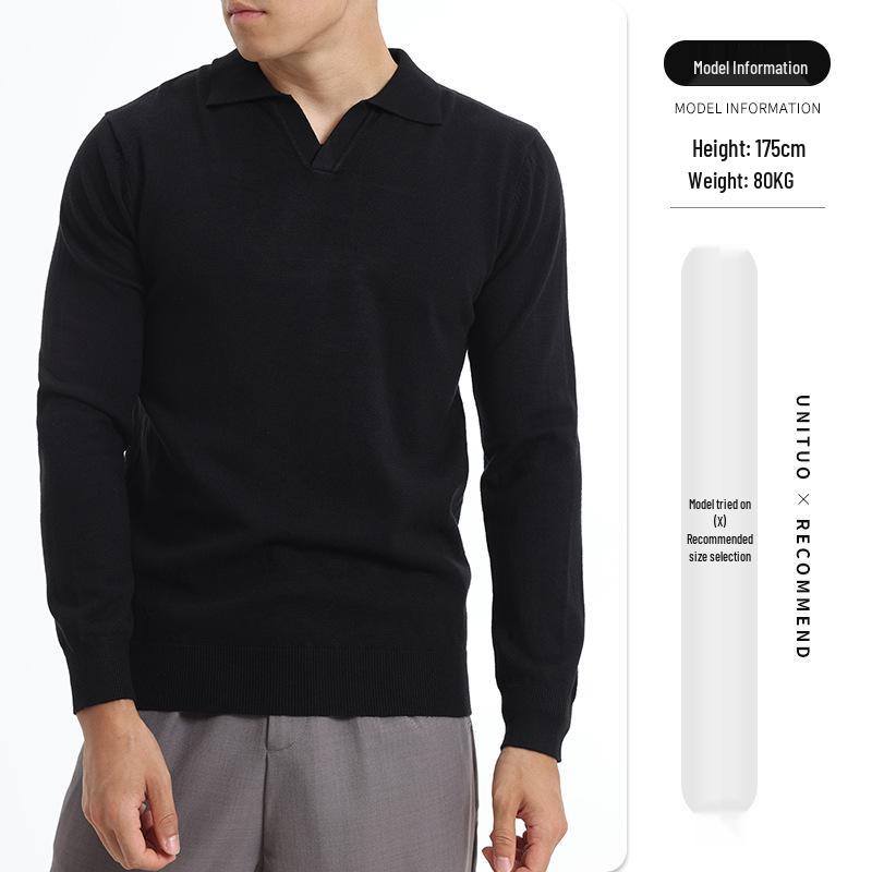 

Black Wool Slim Fit Polo with Seagull Collar - Men s Long Sleeve Knitted Sweater, Casual Versatile Base Layer Double Extra Large чорний