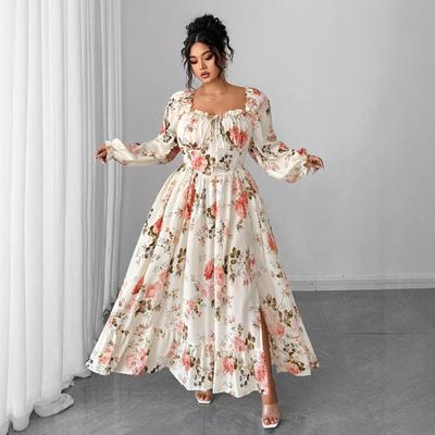 New Patterned Long Dress with Square Neckline, Floral Print, High-waisted Balloon Sleeves, Slit, Sexy Long Dress