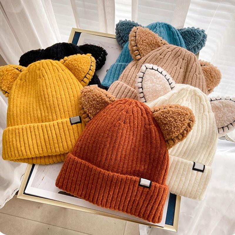 Kawaii for Cat Ears Hat Cute Solid Color Warm Wool Knit Hat Autumn Winter Beanie