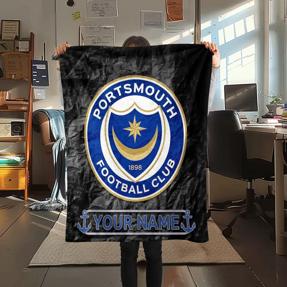 Custom Name Portsmouth FC Flannel Blanket, High quality Comfortable for All Seasons, Home Decor, Warmth and Comfort