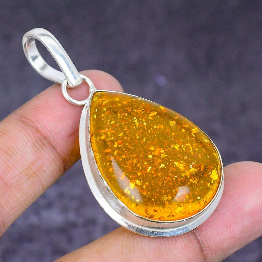 Natural Baltic Amber Gemstone 925 Sterling Silver Jewelry Pendant 2.21" ETC-14766