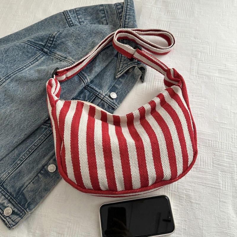 Striped Canvas Shoulder Bag for Women Large Capacity Casual Style Crossbody Bags Satchel Purse for Work and Everyday Use Red