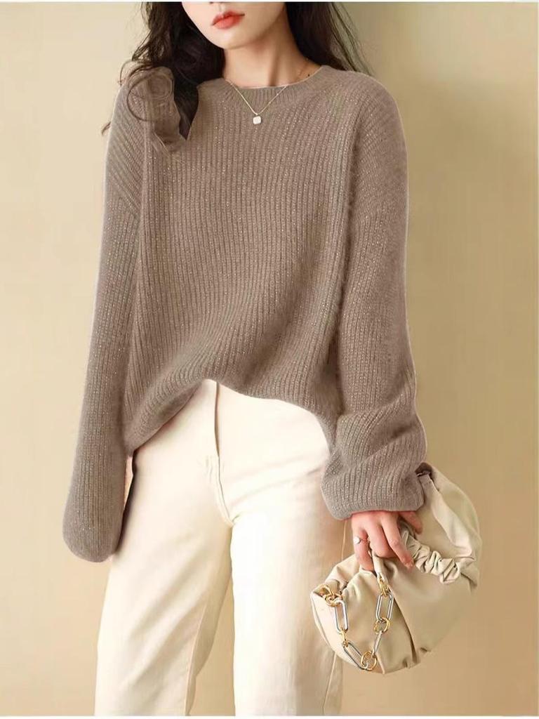 Petite Women's Red Year of the Rabbit Knit Sweater - Round Neck, Loose Fit, Thick Wool Pullover