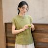 Women Chinese Style T-Shirts Stand Short Sleeve Summer Solid Color Vintage T-Shirts