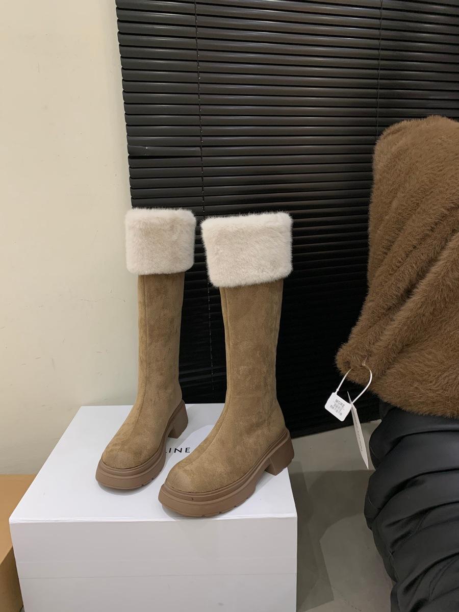 

Platform khaki long tube snow boots women s shoes 2025 new autumn and winter velvet cotton shoes medium tube knight long boots 39 хаки