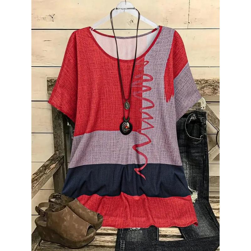 Vibrant Short Sleeve Top Spring & Summer Comfortable Casual Womens Curvy Fashion Clothing Plus Size Geometric Chic T-Shirt