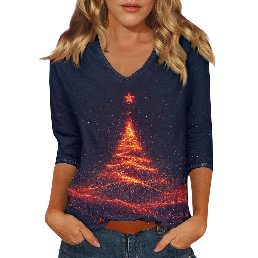 Women's Casual Fashionable Sexy Comfortable V-Neck Christmas Three-Quarter Sleeve Top