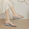Women Flip Flop Slides Square Toe Wedges Mid Heels Sandals Concise Design Slippers Ladies Fashion Shoes Summer Silver 44