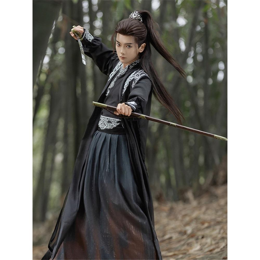 Chinese Song Dynasty Style Hanfu For Men, Two-color Cross-collar Martial Arts Embroidery Suit