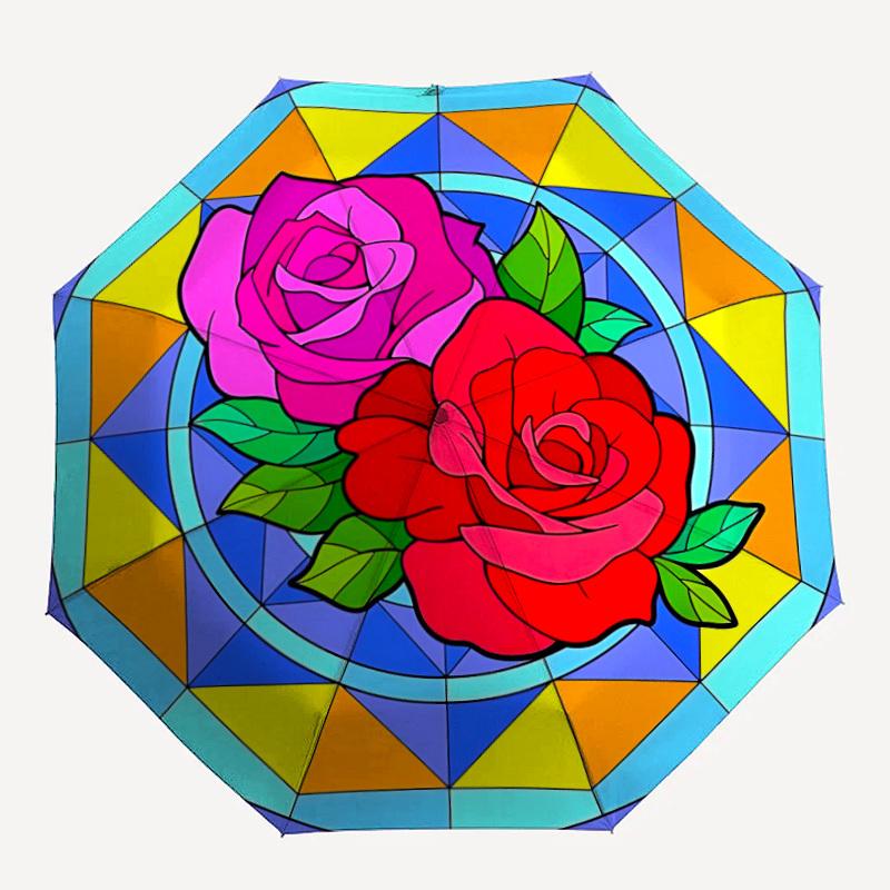 1pc Rose Stained Glass Pattern Automatic Folding Umbrella - Portable Collapsible Design, 8-Rib Iron Frame, Durable Fabric yy251125060