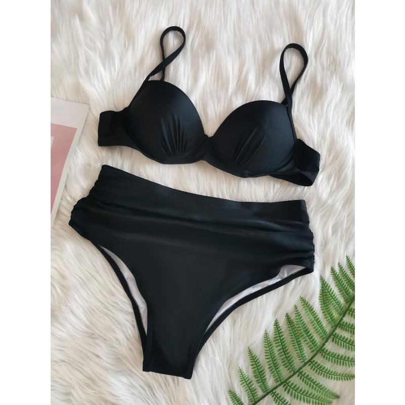 

Черный Бикини Push Up с Высокой Талией, Складки по Бокам, Тонкие Бретели, Комплект из Двух Частей S чёрный