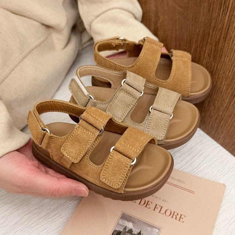 Retro matte leather brown British style beach shoes girl baby boy soft-soled sandals 2025 new summer shoes non-slip