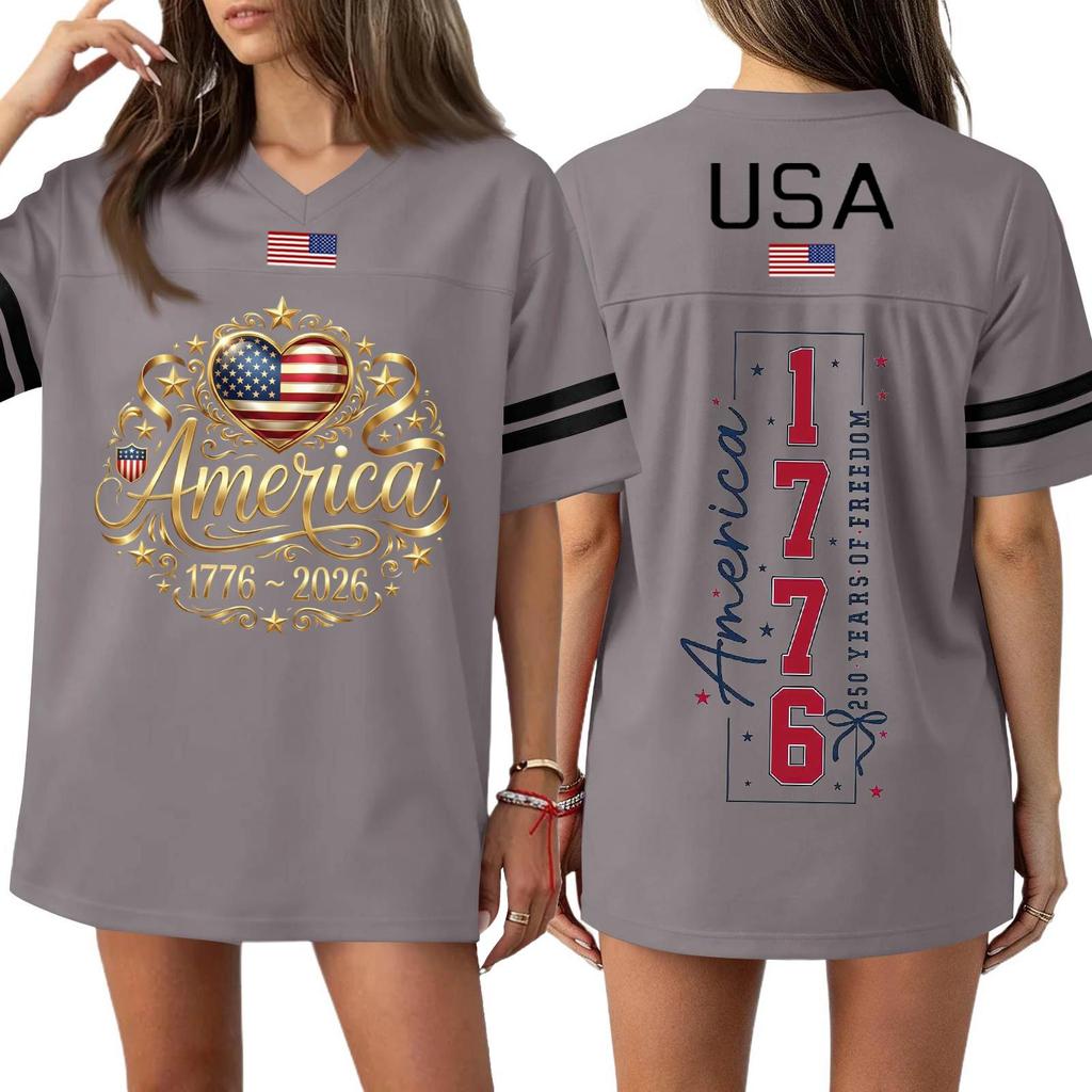 Damen Casual Mode V-Ausschnitt Sport Unabhängigkeitstag Druck Kurzarm Sport T-Shirt Top