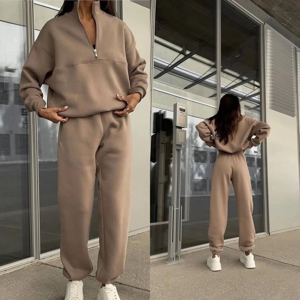 Thicken Warm Sweatpant Suits Women Stand Collar Zipper Sweatsuit Winter Fashion Outwear Women 2 Pc Sets