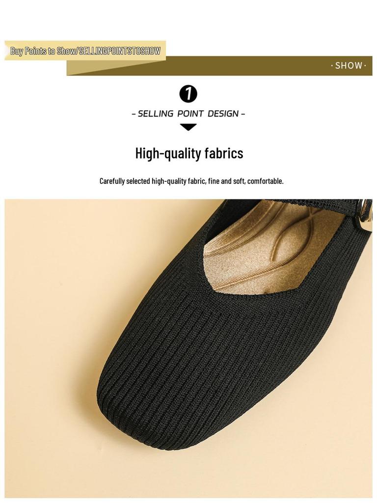 2024 Square Toe Queen's Knit Mary Jane Loafers - Soft Sole, Low Cut, Spring/Summer Style.