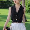 Summer Sleeveless French Camisole Women Lapel V Neck Blouse Niche Temperament Chiffon Top Classic Button Shirt Solid Color Simple Tank Top