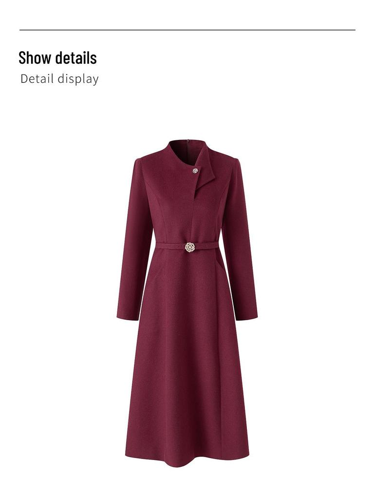 Elegant Woolen Skirted Dress with Waist-Cinch for Autumn/Winter