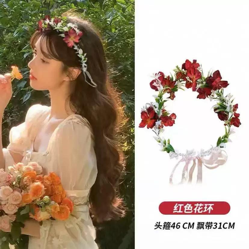 Mori Fabric Flower Leaf Streamer Wreath Headband Fashionable Small Fresh Headband Spring and Summer Sweet Super Fairy Hair Accessories Woman