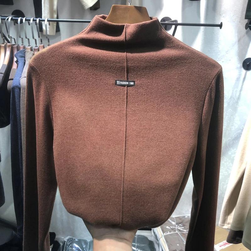 Harajuku Half Turtleneck Casual Slim Fleece Thick Bottoming T-shirt Autumn Winter Velvet Long Sleeve Solid T Shirt Women Top