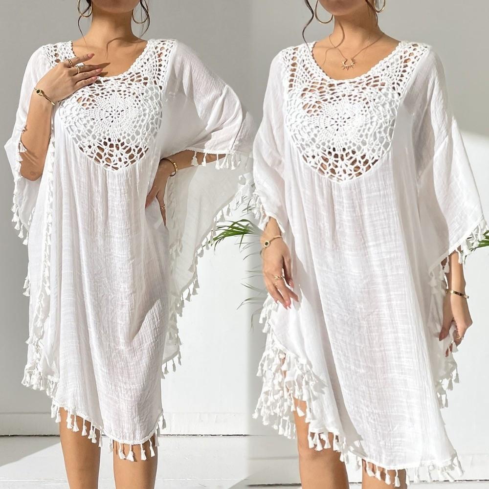 Loose Swimsuit Cover Up Dress Hollow Out Beachwear Shirt Fashion Summer Sunscreen Smock  for Women