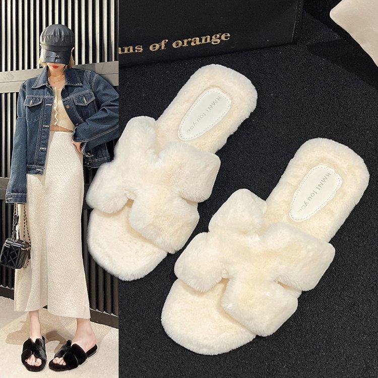 European Station Light Luxury Mao Mao Slippers Women's 2024 Autumn and Winter New Alphabet Comfortable One-word Drag Internet Celebrity Outer Wear Cot