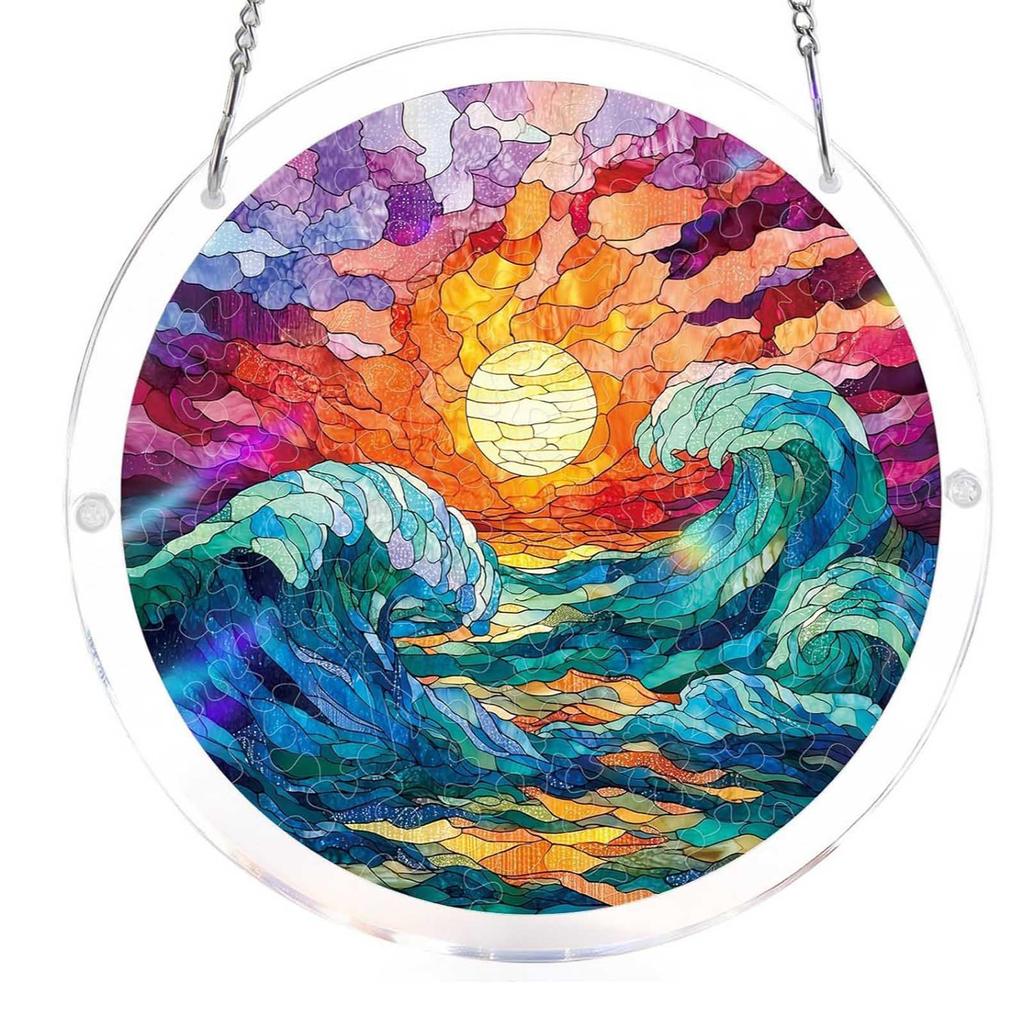 Stained Glass Acrylic Puzzle Suncatcher, DIY Hanging Ornament With Chain, Window Decor For Home & Garden