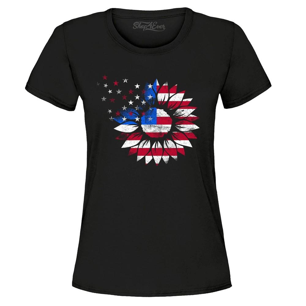 American Flag Sunflower Flower Star Women's T-Shirt Patriotic Shirts