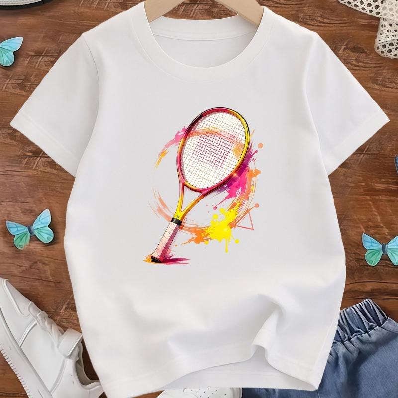 Girls Tennis  Print Crewneck Short Sleeve Tee, Spring Summer Sports Casual Kids Top 110 белый