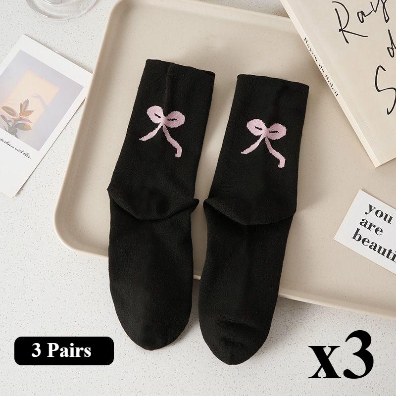 3 Pairs New Mid-calf Socks with Cute Bow At The Heel Women's Slouch Socks Spring/Summer
