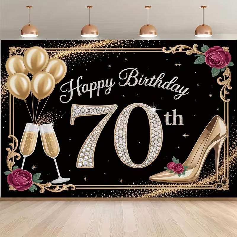 

2D Happy 70th Birthday Backdrop Black Gold Party Photography Background 47.2x31.5inch/120*80cm